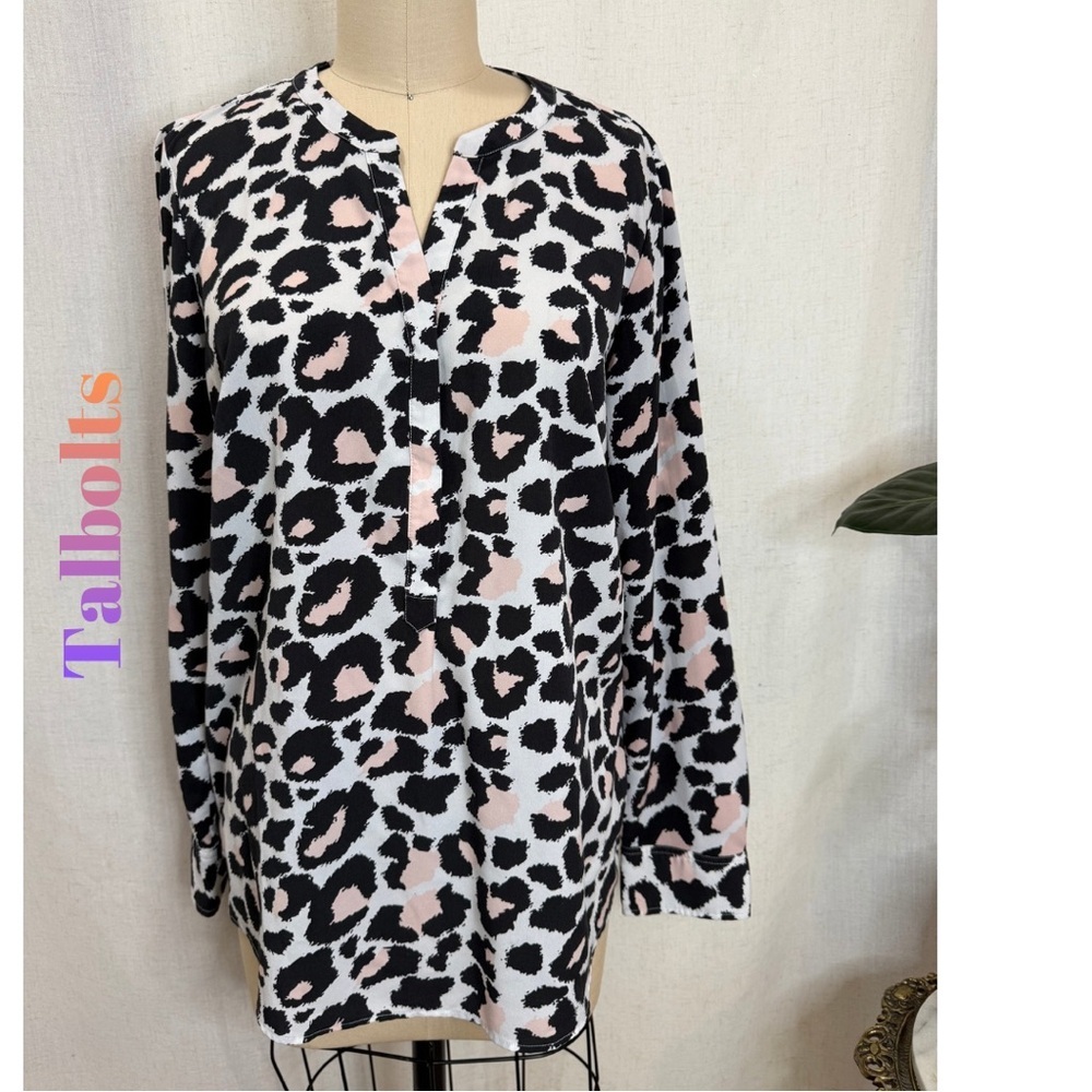Talbots Leopard Print Split Neck Blouse Pink Black White Long Sleeve Size M